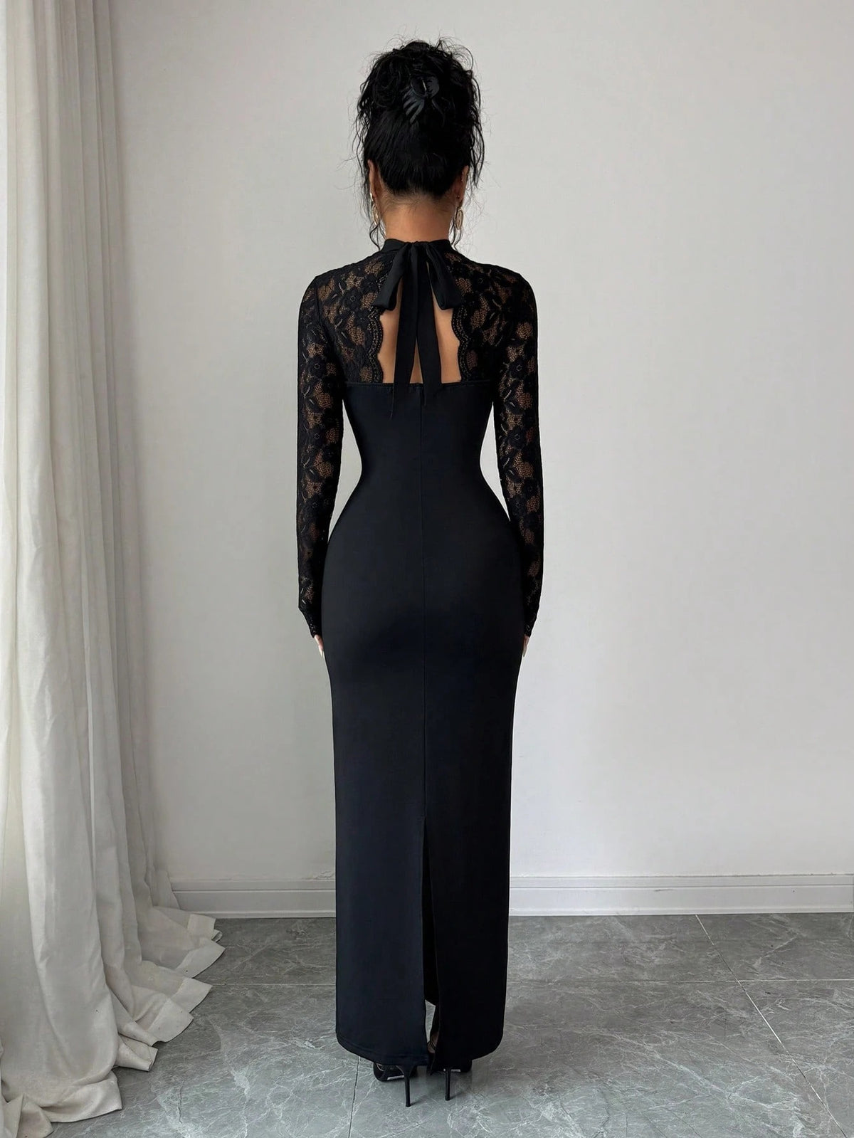 Women’s Black Elegant Lace High Neck Sheer Long Sleeve Sheath Maxi Dress with Sweetheart Bodice Detail