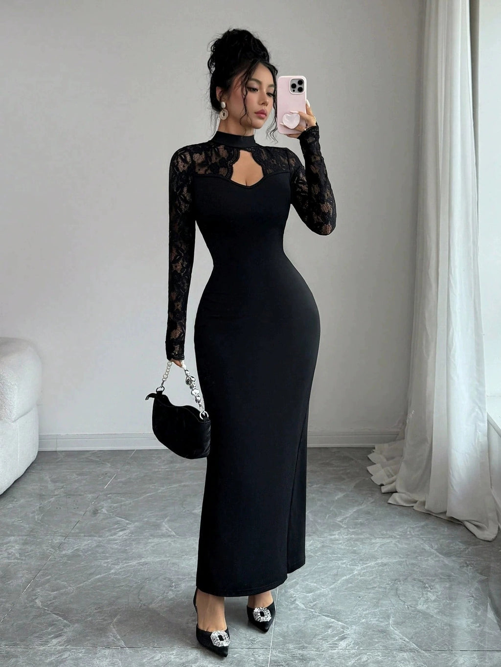 Women’s Black Elegant Lace High Neck Sheer Long Sleeve Sheath Maxi Dress with Sweetheart Bodice Detail