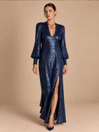 Women’s Champagne Gold Glamorous Sequin V-Neck Long Balloon Sleeve Shift Maxi Dress with Asymmetric Hem Detail