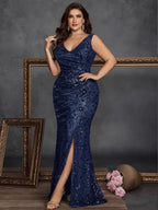 Women’s Olive Glamorous Sequin V Neck Sleeveless High Slit Maxi Dress