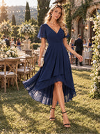 Women’s Emerald Green Elegant Chiffon V-Neck Flutter Sleeve High-Low A-Line Midi Dress with Wrap Detail