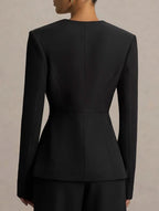 Women's Tailored Deep V-Neck Long Sleeve Blazer and Wide-Leg Pants Set with Three-Button Detail