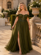 Women’s Olive Green Elegant Tulle Off Shoulder Short Sleeve A-Line Maxi Dress with Floral Appliqué