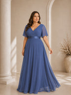 Women’s White Graceful Chiffon V Neck Flutter Short Sleeve A-Line Maxi Dress with Pleated Bodice Detail