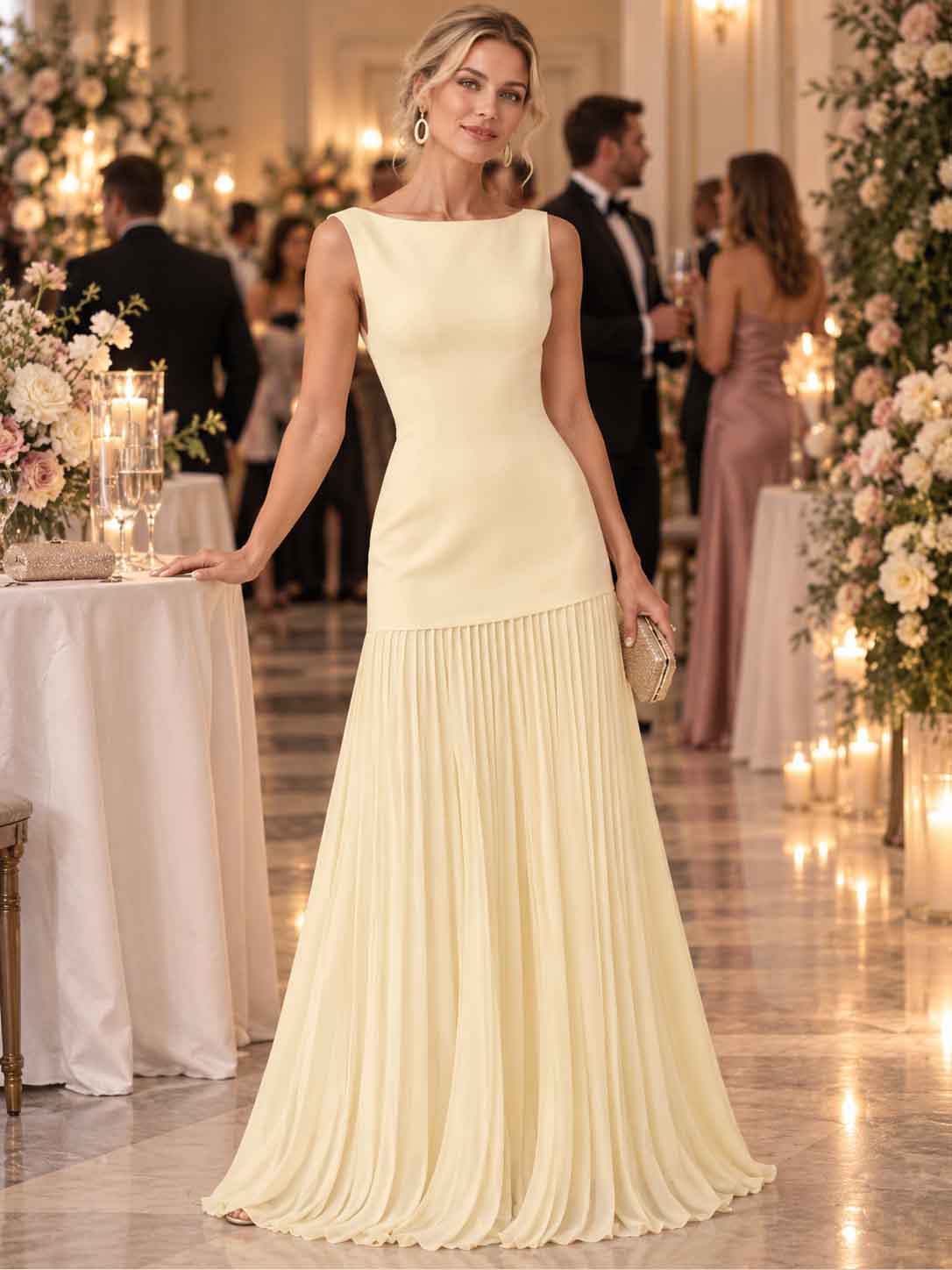 Women’s Ivory Elegant Boat Neck Sleeveless Pleated Maxi Dress with Drop Waist Detail