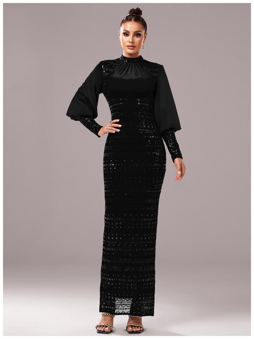 Women’s Black Elegant Sequin High Neck Puff Sleeve Long Sleeve Bodycon Maxi Dres