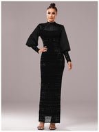 Women’s Black Elegant Sequin High Neck Puff Sleeve Long Sleeve Bodycon Maxi Dres