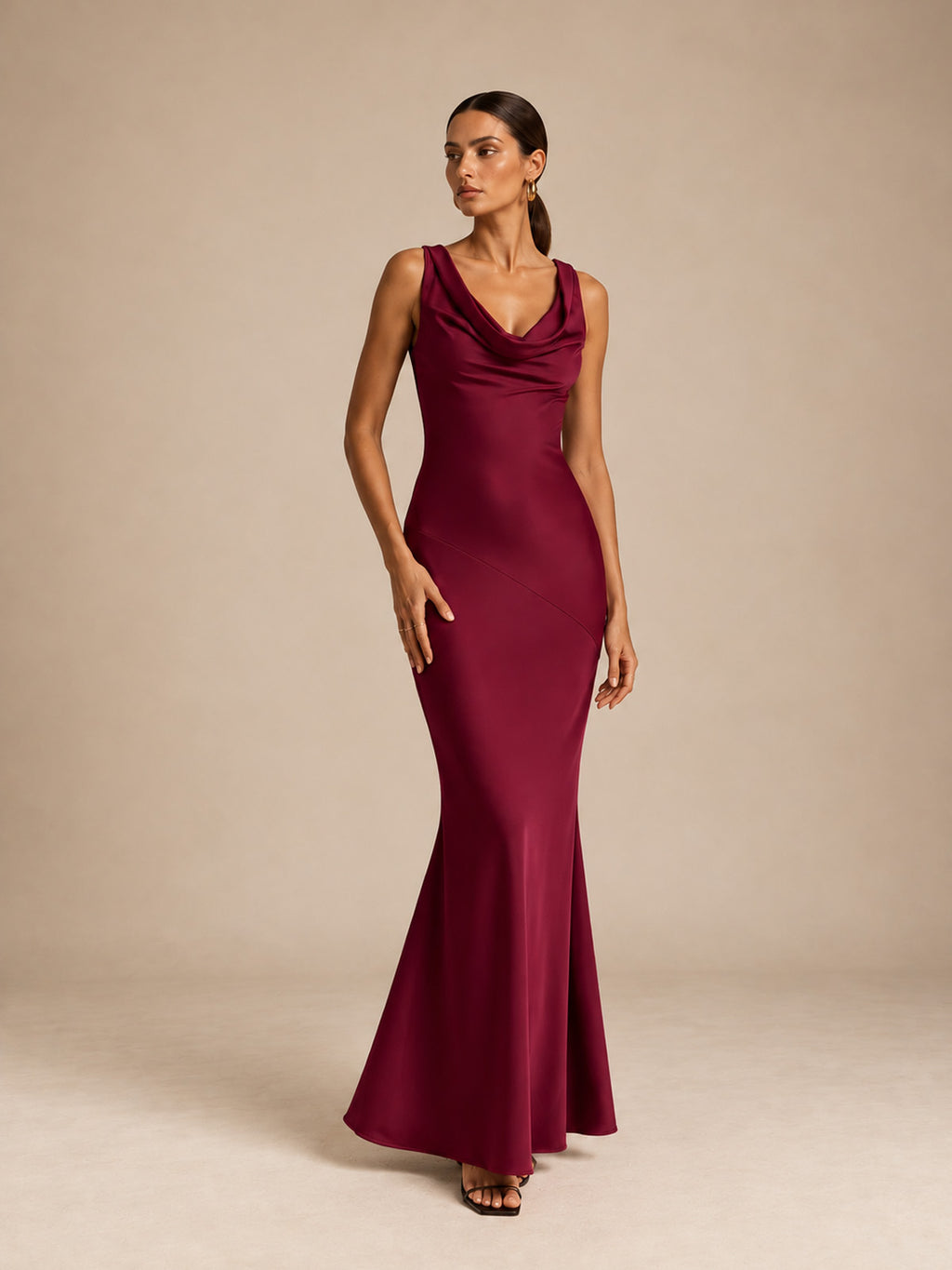 Women’s Burgundy Satin Cowl Neck Sleeveless Slim Mermaid Maxi Dress