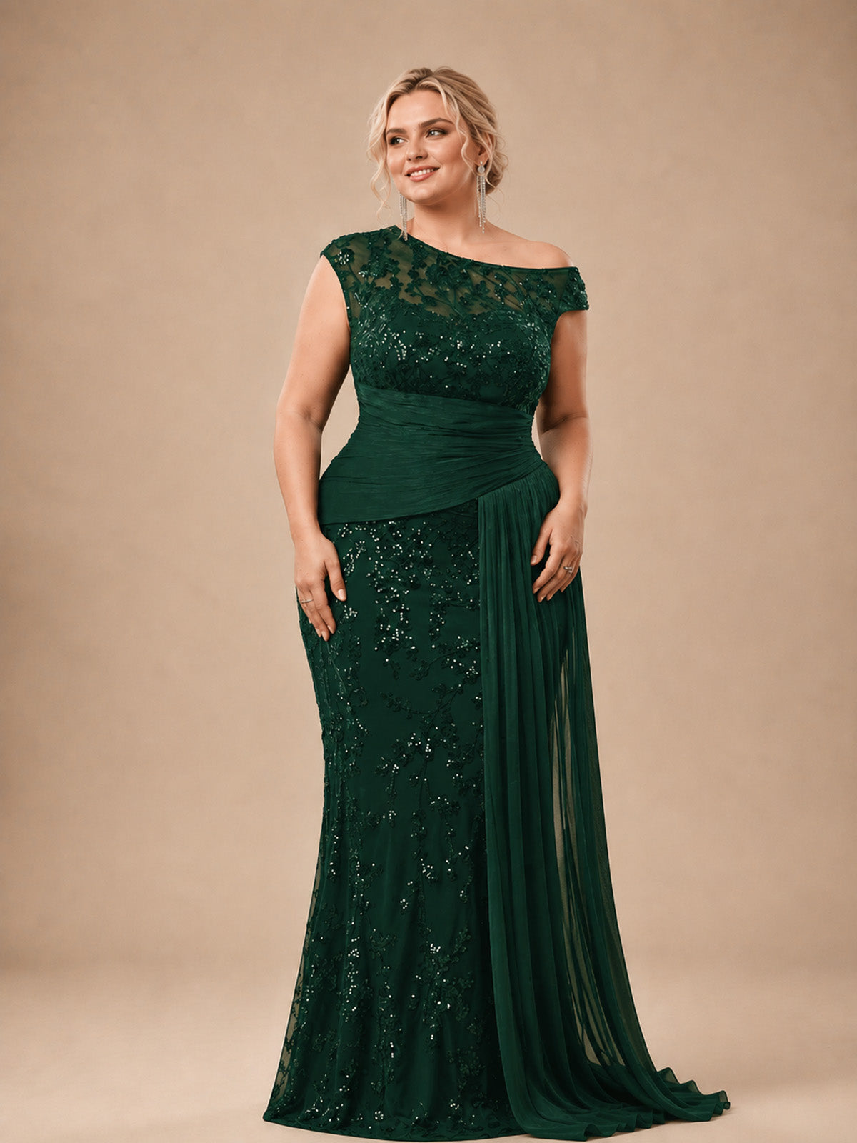 Women’s Black Elegant Sequin Lace Asymmetric Neck Cap Sleeve Mermaid Maxi Dress with Draped Side Panel