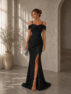 Women’s Glamorous Sequin Spaghetti Strap Cold Shoulder Slim Mermaid Maxi Dress with High Slit