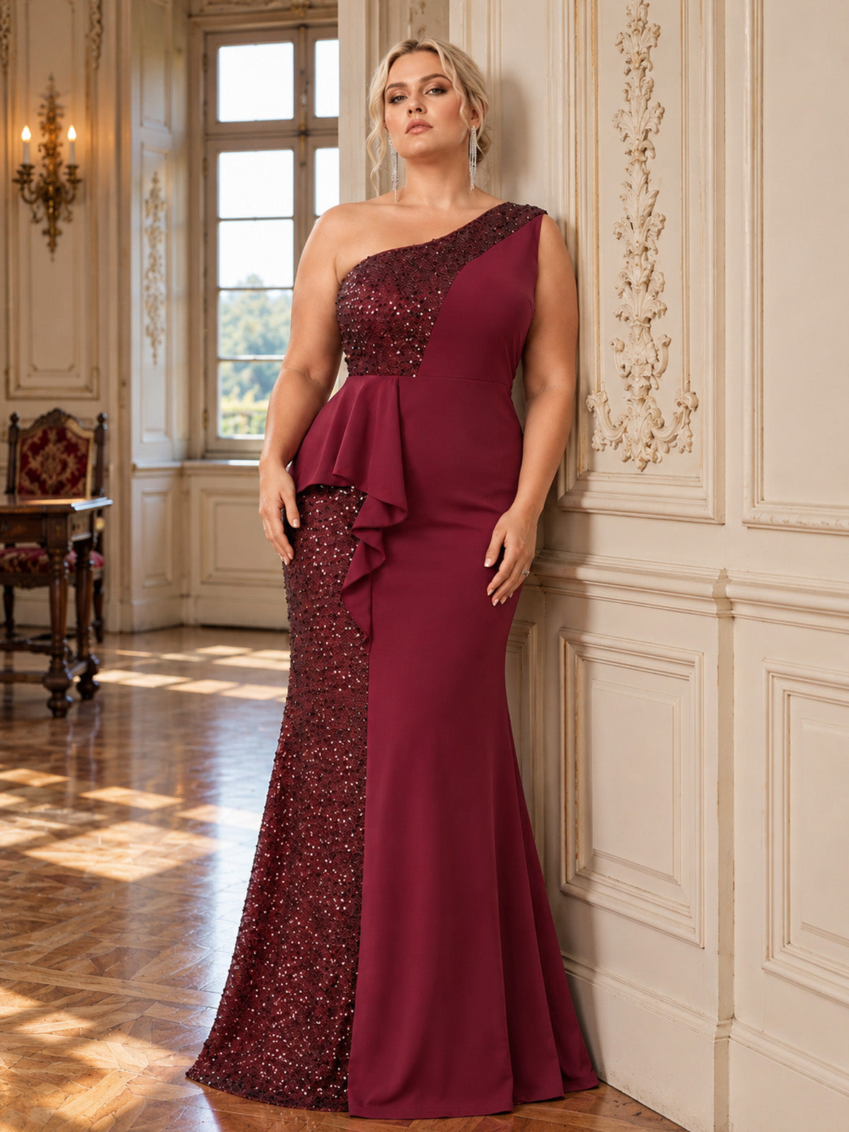 Women’s Emerald Green Elegant Sequin One Shoulder Sleeveless Mermaid Maxi Dress with Asymmetric Ruffle and Colorblock Detail