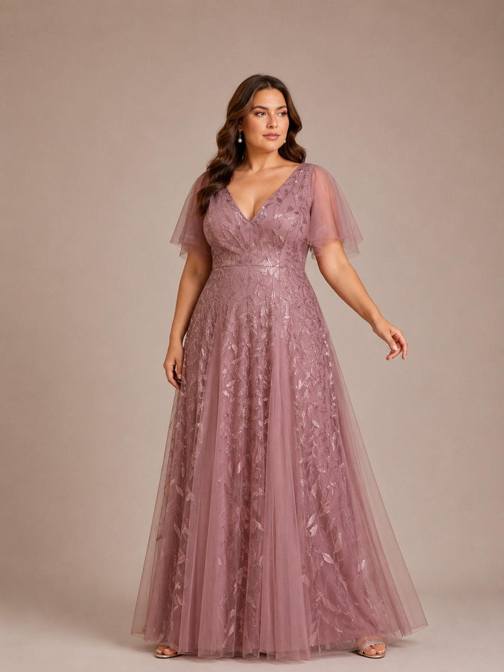 Women’s Burgundy Glamorous Sequin Mesh V Neck Flutter Short Sleeve A-Line Maxi Dress with Embellished Detail