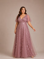 Women’s Burgundy Glamorous Sequin Mesh V Neck Flutter Short Sleeve A-Line Maxi Dress with Embellished Detail