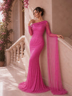 Women’s Elegant Sequin Asymmetrical Neck One Long Sleeve Regular Mermaid Maxi Dress with Beaded Detail