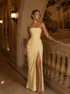 Women’s Pale Yellow Glamorous Strapless Sleeveless Slim Fit Maxi Dress with Ruched High Slit Detail