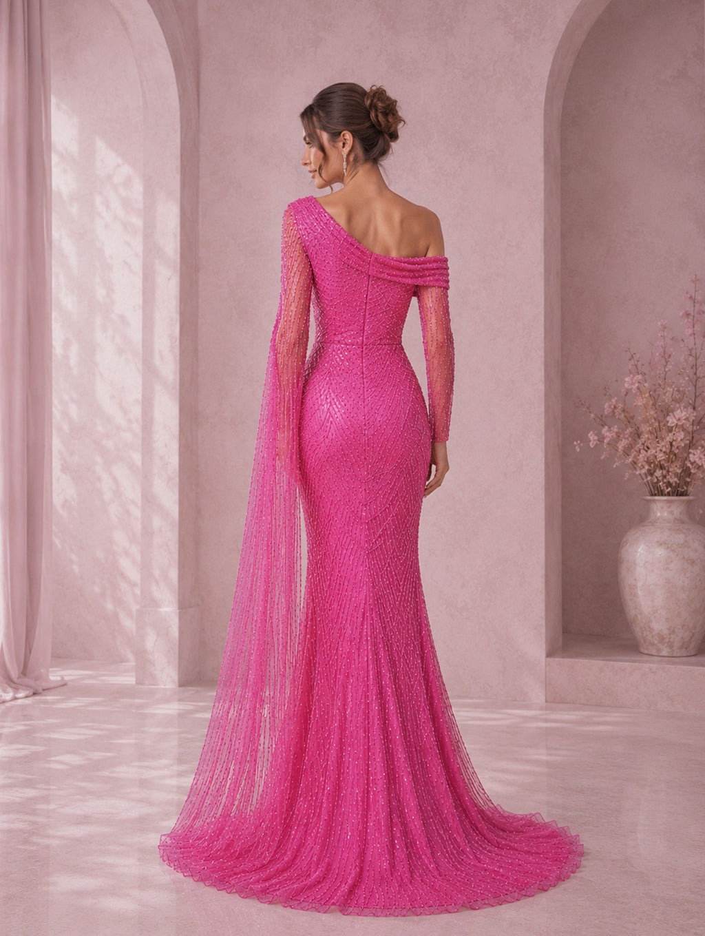 Women’s Elegant Sequin Asymmetrical Neck One Long Sleeve Regular Mermaid Maxi Dress with Beaded Detail