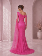 Women’s Elegant Sequin Asymmetrical Neck One Long Sleeve Regular Mermaid Maxi Dress with Beaded Detail