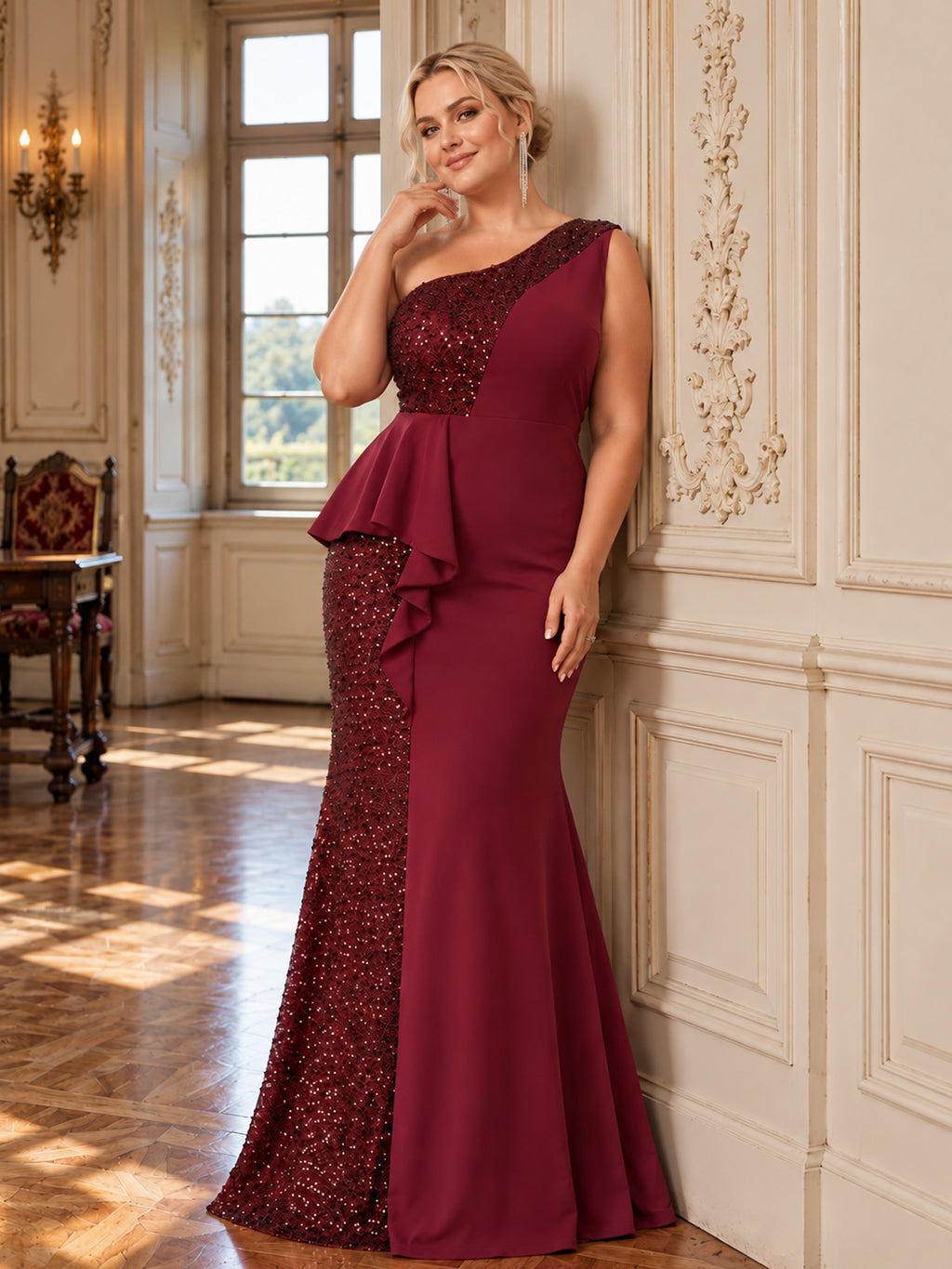 Women’s Emerald Green Elegant Sequin One Shoulder Sleeveless Mermaid Maxi Dress with Asymmetric Ruffle and Colorblock Detail