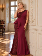 Women’s Emerald Green Elegant Sequin One Shoulder Sleeveless Mermaid Maxi Dress with Asymmetric Ruffle and Colorblock Detail