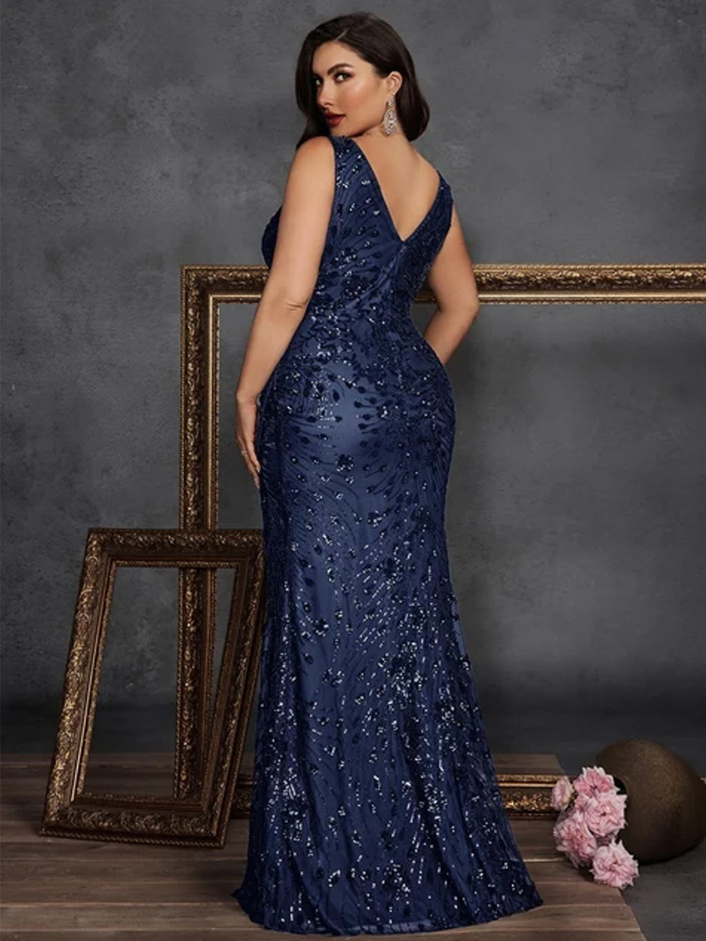 Women’s Olive Glamorous Sequin V Neck Sleeveless High Slit Maxi Dress