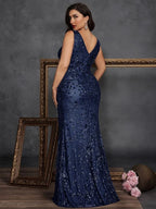 Women’s Olive Glamorous Sequin V Neck Sleeveless High Slit Maxi Dress
