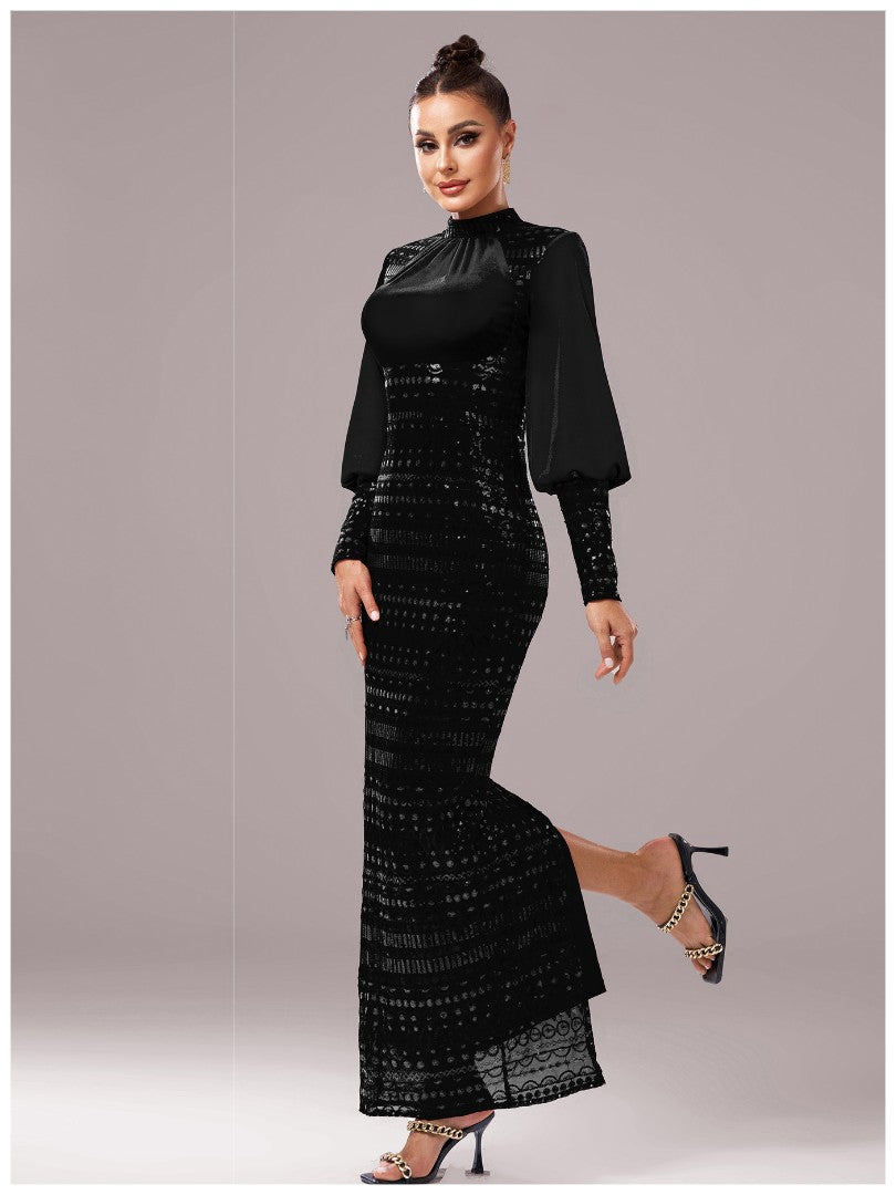 Women’s Black Elegant Sequin High Neck Puff Sleeve Long Sleeve Bodycon Maxi Dres