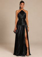Women’s Metallic Glamorous Halter Neck Sleeveless Backless A-Line Maxi Dress with Ruched Waist and High Slit