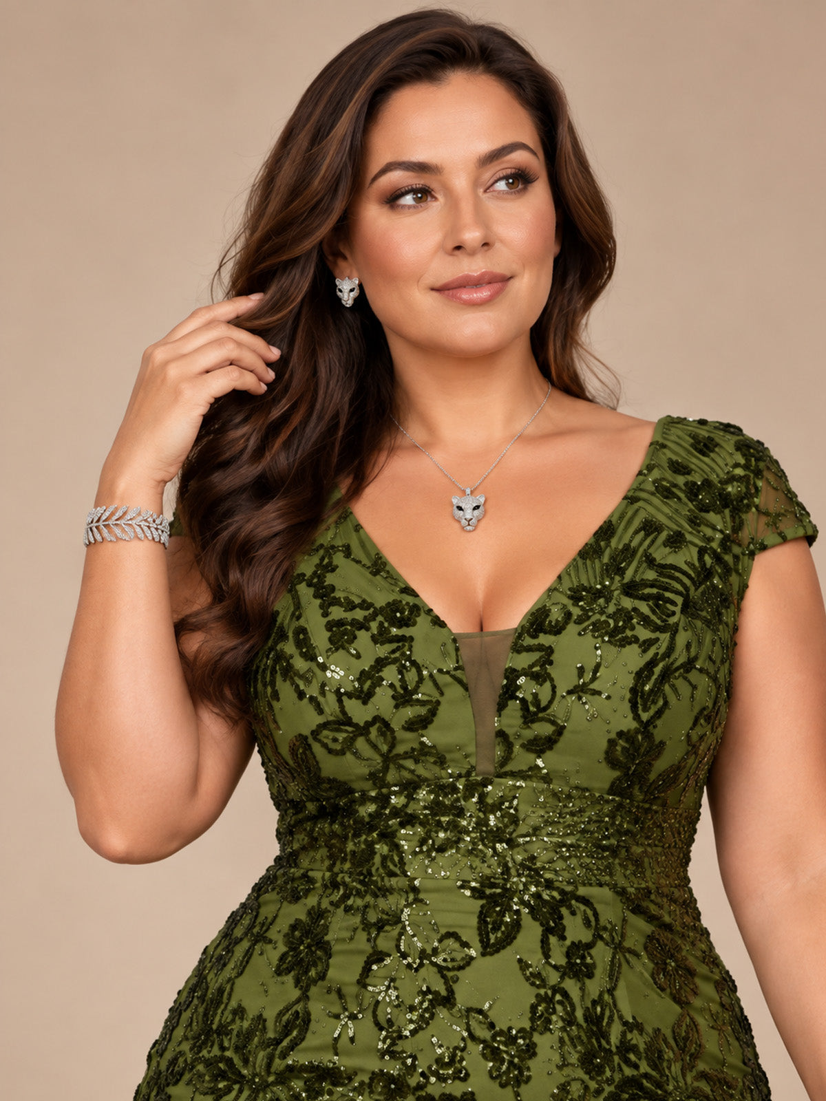 Women’s Olive Green Elegant Sequin Mesh V-Neck Cap Sleeve Mermaid Maxi Dress