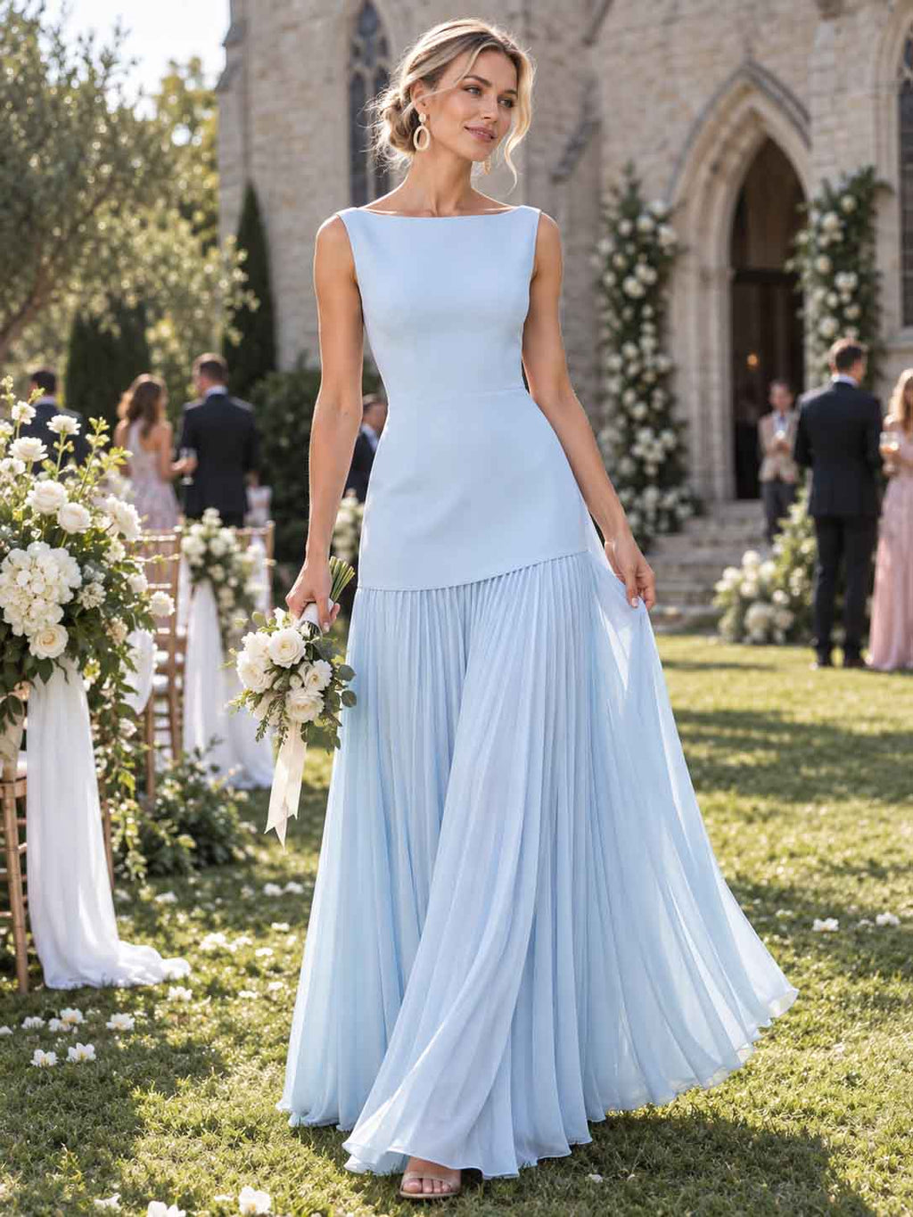 Women’s Ivory Elegant Boat Neck Sleeveless Pleated Maxi Dress with Drop Waist Detail