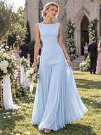 Women’s Ivory Elegant Boat Neck Sleeveless Pleated Maxi Dress with Drop Waist Detail