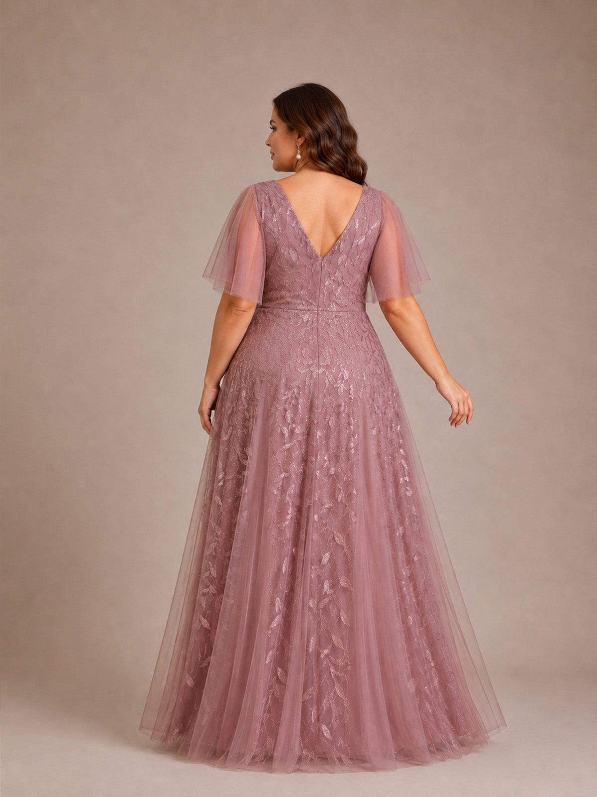 Women’s Burgundy Glamorous Sequin Mesh V Neck Flutter Short Sleeve A-Line Maxi Dress with Embellished Detail