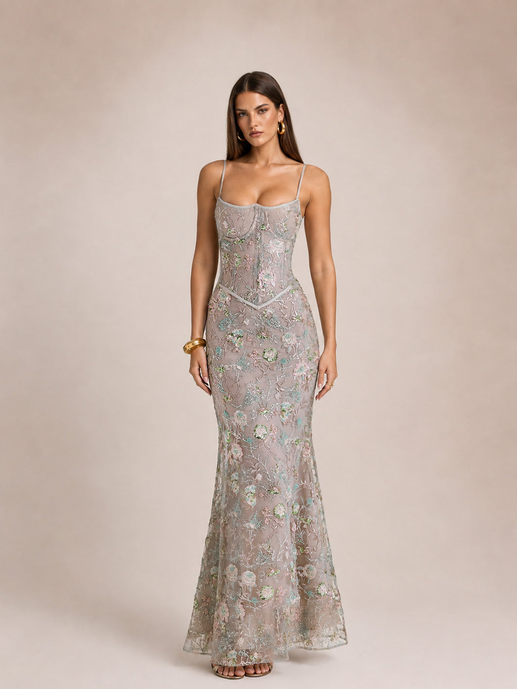 Women’s Taupe Luxe Embroidered Mesh Spaghetti Strap Mermaid Maxi Dress