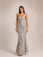 Women’s Taupe Luxe Embroidered Mesh Spaghetti Strap Mermaid Maxi Dress