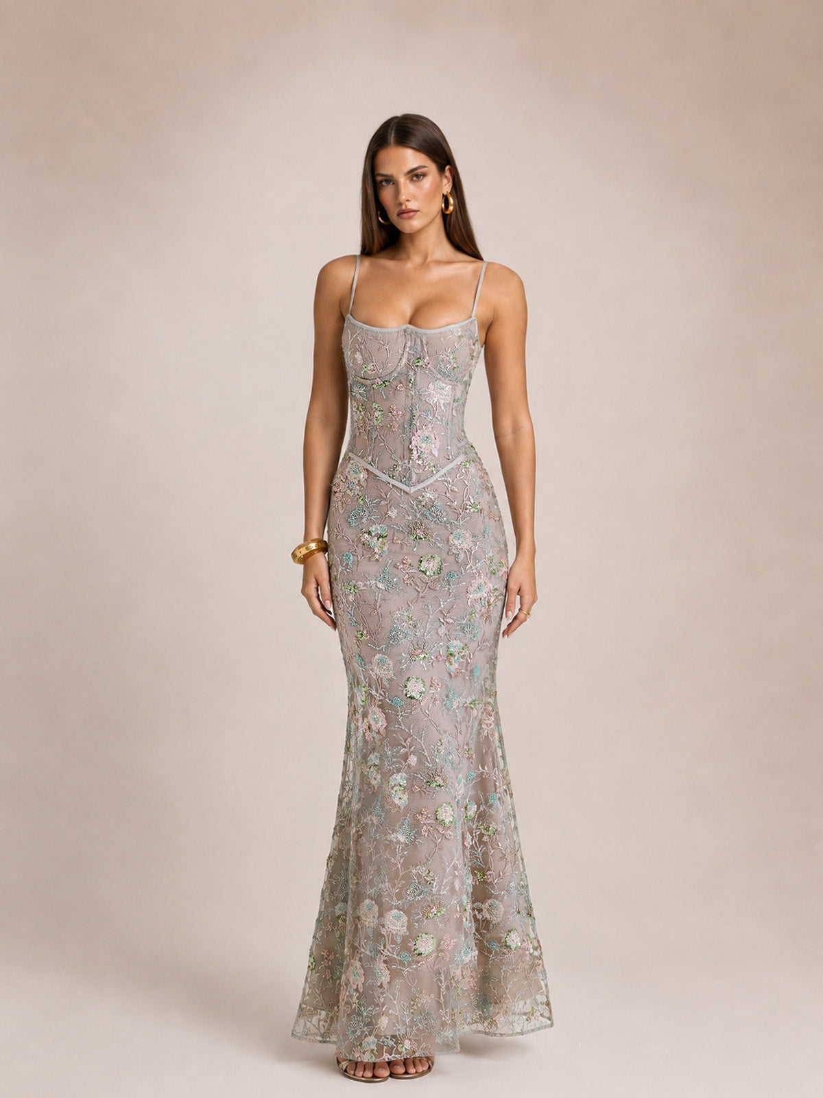 Women’s Taupe Luxe Embroidered Mesh Spaghetti Strap Mermaid Maxi Dress