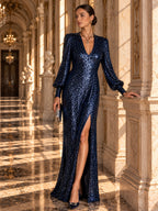 Women’s Champagne Gold Glamorous Sequin V-Neck Long Balloon Sleeve Shift Maxi Dress with Asymmetric Hem Detail
