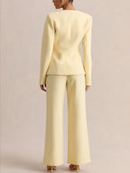 Women's Tailored Deep V-Neck Long Sleeve Blazer and Wide-Leg Pants Set with Three-Button Detail