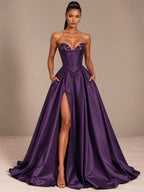 Women’s Black Glamorous Satin Strapless Sweetheart Neck Sleeveless A-Line Maxi Dress with Sequin Detail, Corset Waist and High Slit