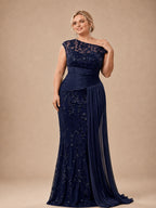 Women’s Black Elegant Sequin Lace Asymmetric Neck Cap Sleeve Mermaid Maxi Dress with Draped Side Panel