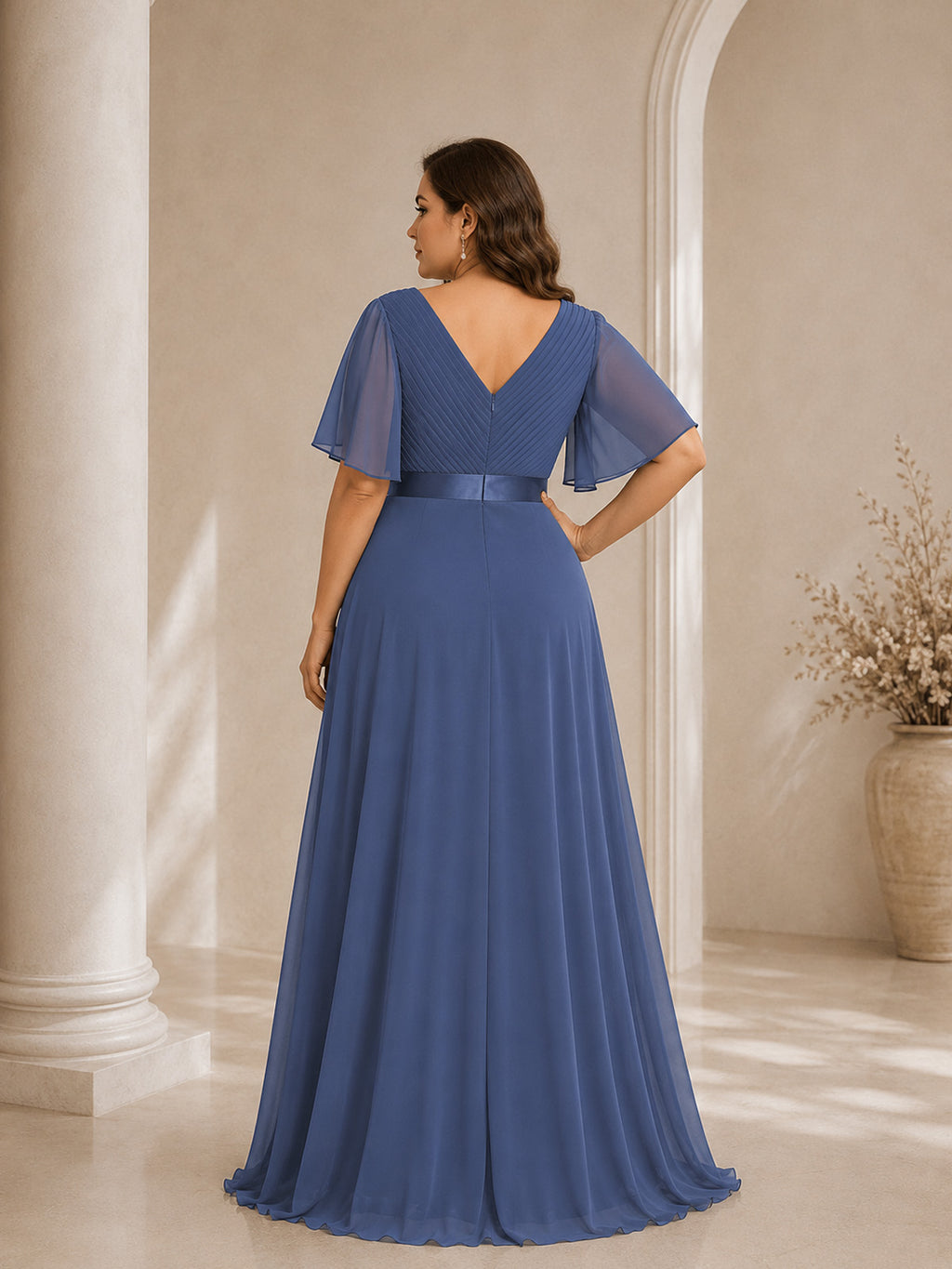 Women’s White Graceful Chiffon V Neck Flutter Short Sleeve A-Line Maxi Dress with Pleated Bodice Detail