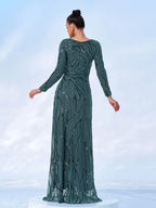Women’s Black and Bronze Elegant Sequin Mesh Round Neck Long Sleeve Column Maxi Dress with Geometric Pattern