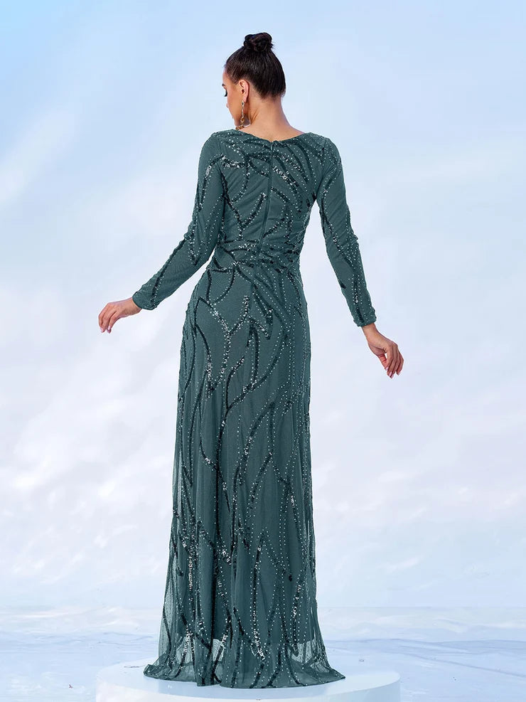 Women’s Black and Bronze Elegant Sequin Mesh Round Neck Long Sleeve Column Maxi Dress with Geometric Pattern