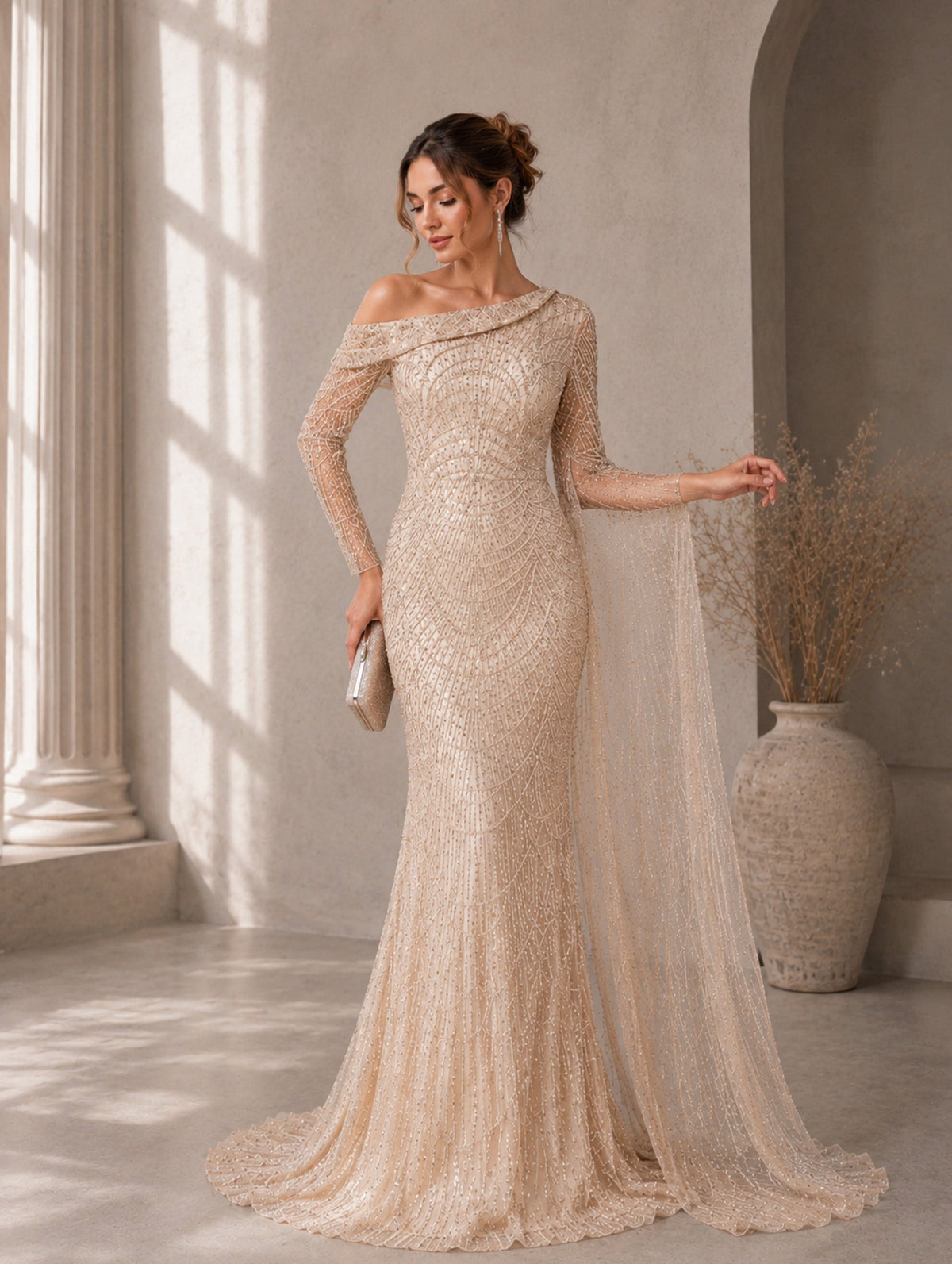 Women’s Elegant Sequin Asymmetrical Neck One Long Sleeve Regular Mermaid Maxi Dress with Beaded Detail