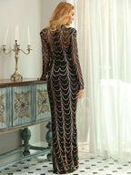 Women’s Black Luxury Sequin Mesh High Neck Long Sleeve Mermaid Maxi Dress with Draped Crystal Pattern