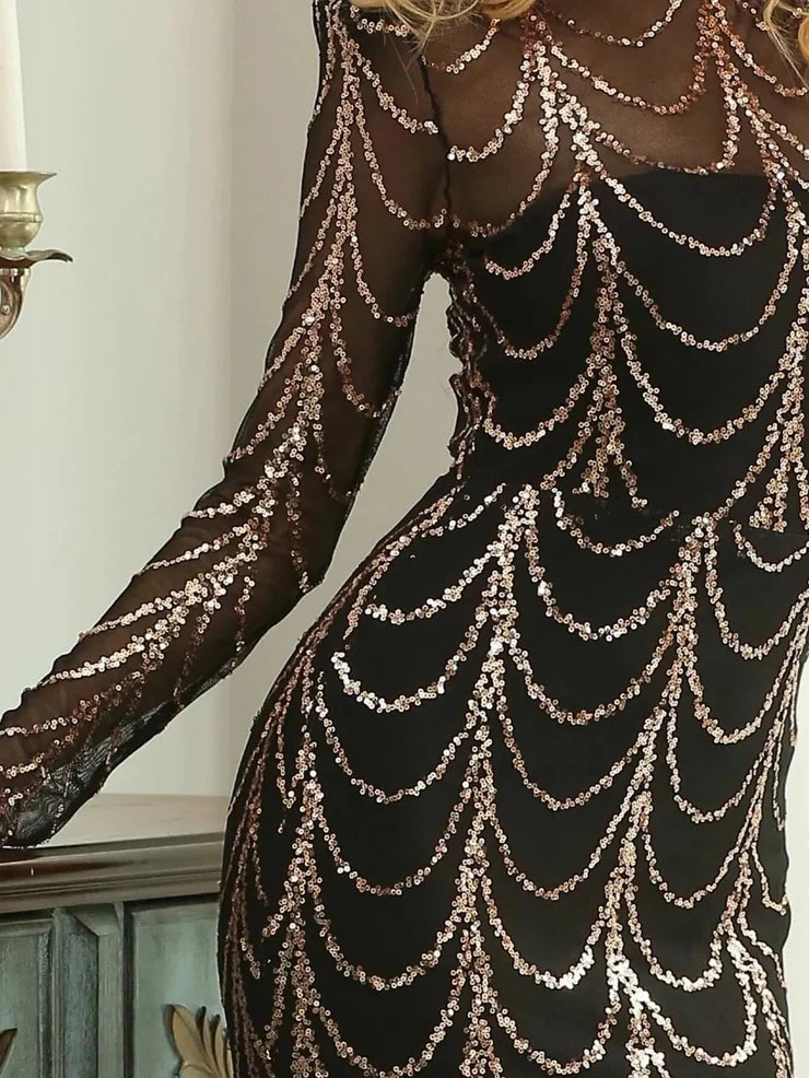 Women’s Black Luxury Sequin Mesh High Neck Long Sleeve Mermaid Maxi Dress with Draped Crystal Pattern