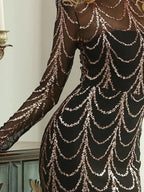 Women’s Black Luxury Sequin Mesh High Neck Long Sleeve Mermaid Maxi Dress with Draped Crystal Pattern