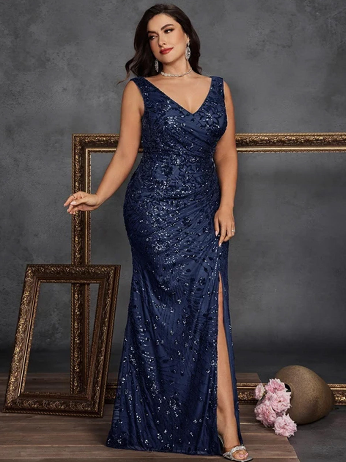 Women’s Olive Glamorous Sequin V Neck Sleeveless High Slit Maxi Dress