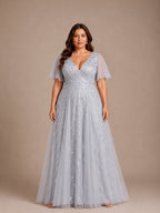 Women’s Burgundy Glamorous Sequin Mesh V Neck Flutter Short Sleeve A-Line Maxi Dress with Embellished Detail