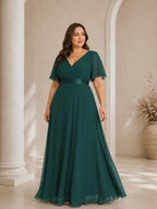 Women’s White Graceful Chiffon V Neck Flutter Short Sleeve A-Line Maxi Dress with Pleated Bodice Detail