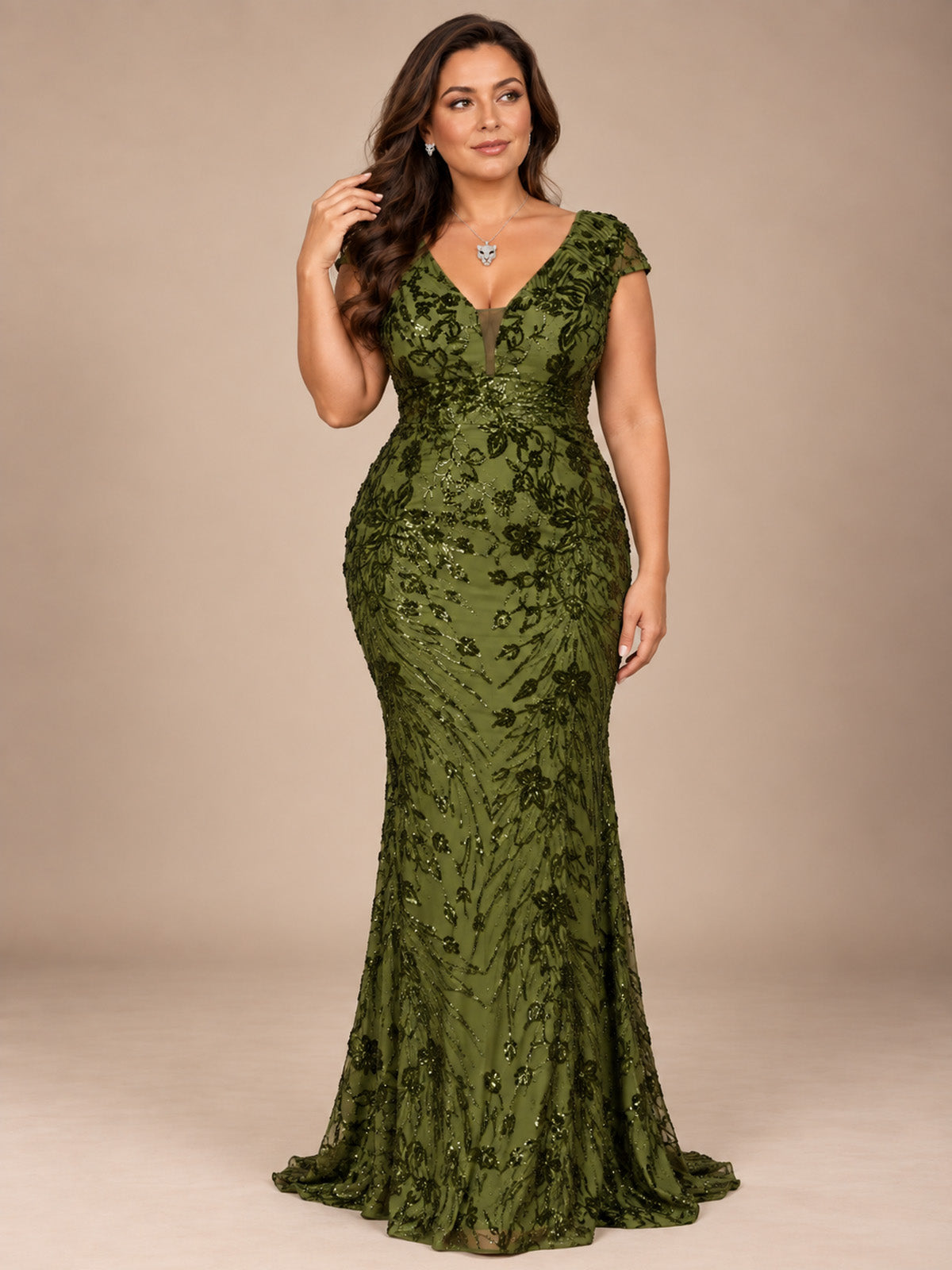Women’s Olive Green Elegant Sequin Mesh V-Neck Cap Sleeve Mermaid Maxi Dress