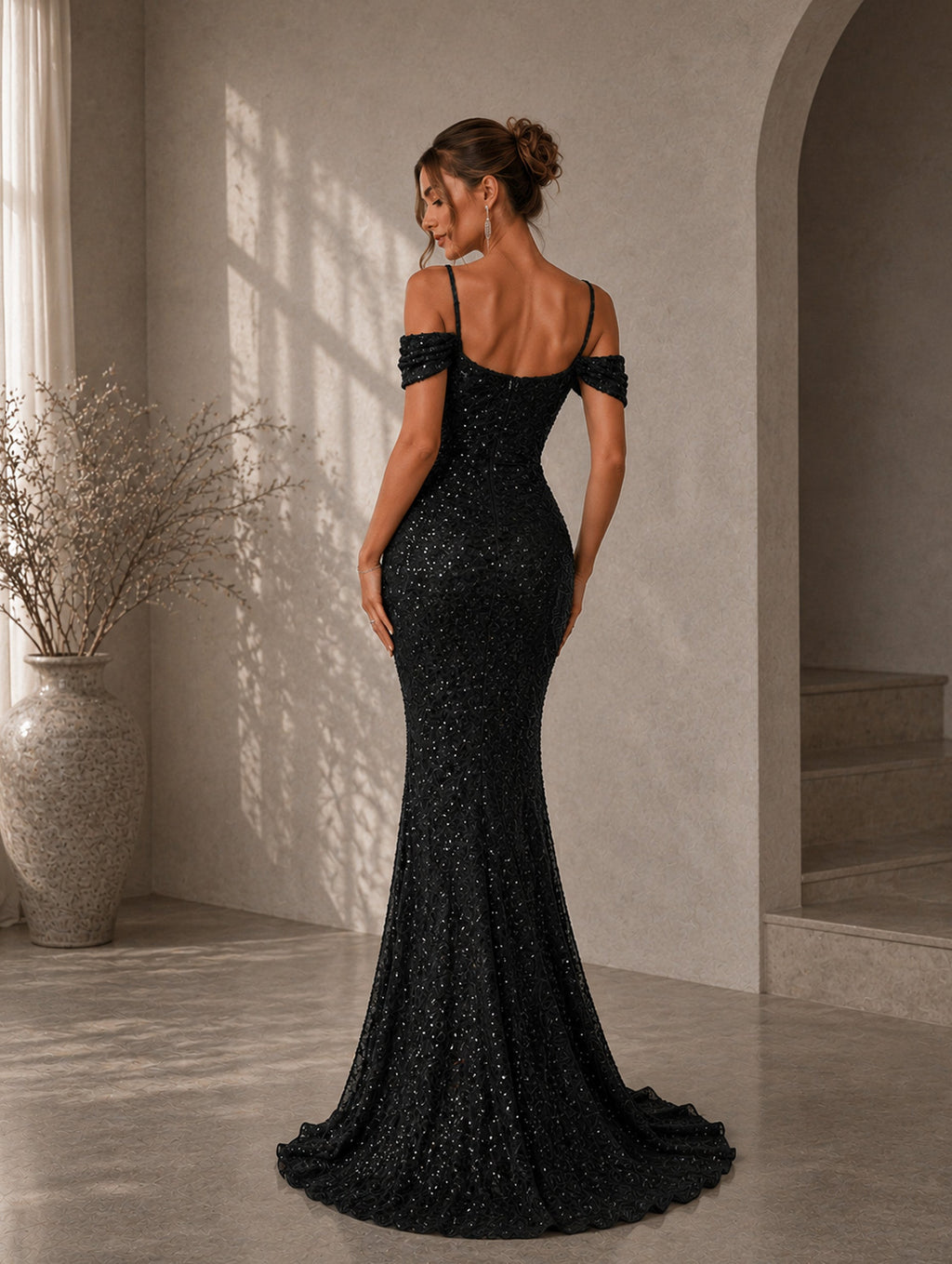 Women’s Glamorous Sequin Spaghetti Strap Cold Shoulder Slim Mermaid Maxi Dress with High Slit